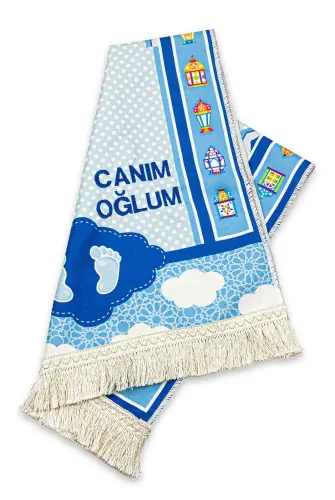 İsme Özel Desenli Dijital Baskılı Çocuk Seccadesi Mavi - İhvan (1)