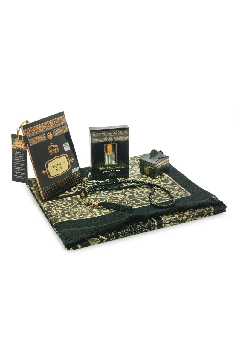 İsme Özel Kabe Desenli Çantalı İsimli Yasin Kitabı, Tesbih, Esans ve Seccade Seti Siyah - 6