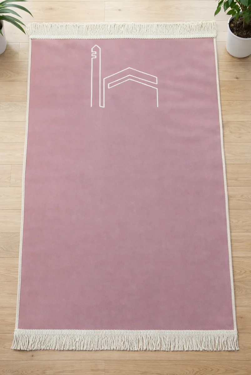 İsme Özel Kabe İşlemeli Lüks Kadife Seccade - Çeyizlik, Hac ve Umre Hediyelik Namazlık - Pembe - 2