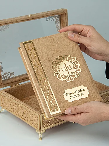 İsme Özel Kadife Kaplı Sandıklı Çeyizlik Bohçalık Kuranı Kerim Seti - Gold - 4