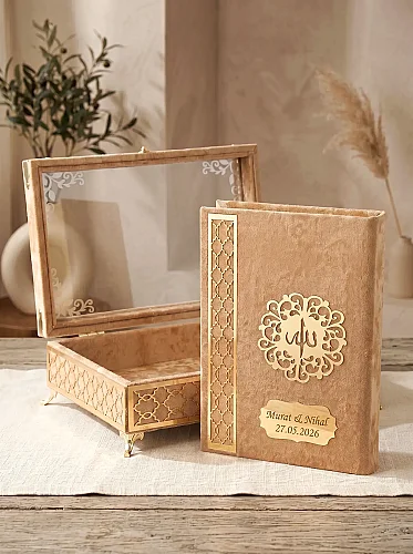 İsme Özel Kadife Kaplı Sandıklı Çeyizlik Bohçalık Kuranı Kerim Seti - Gold - 1