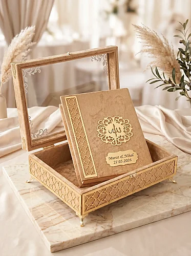 İsme Özel Kadife Kaplı Sandıklı Çeyizlik Bohçalık Kuranı Kerim Seti - Gold - ihvanonline (1)