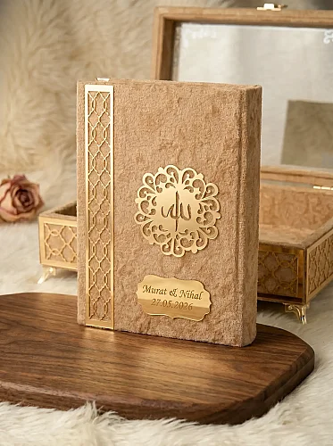 İsme Özel Kadife Kaplı Sandıklı Çeyizlik Bohçalık Kuranı Kerim Seti - Gold - 3