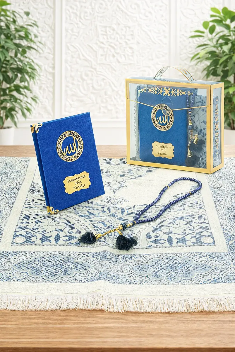 İsme Özel Kadife Yasin Kitabı, Tesbih ve Çantalı Seccade Seti - Mevlüt ve Umre Hediyesi - Lacivert - 1
