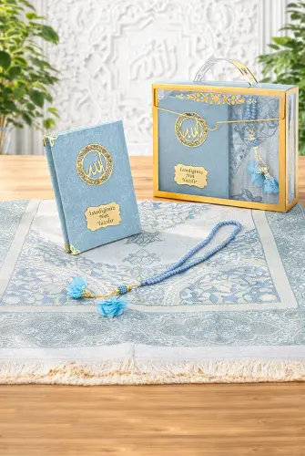İsme Özel Kadife Yasin Kitabı, Tesbih ve Çantalı Seccade Seti - Mevlüt ve Umre Hediyesi - Mavi 