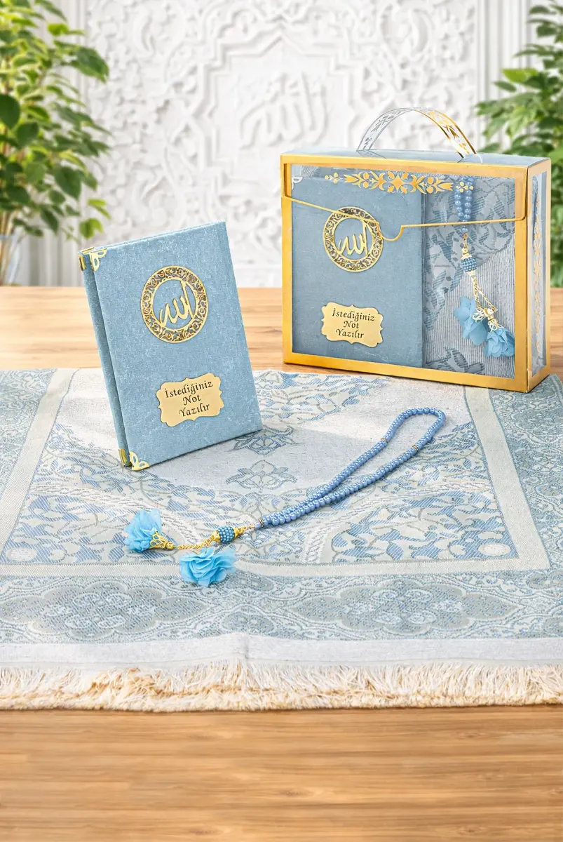 İsme Özel Kadife Yasin Kitabı, Tesbih ve Çantalı Seccade Seti - Mevlüt ve Umre Hediyesi - Mavi - 1
