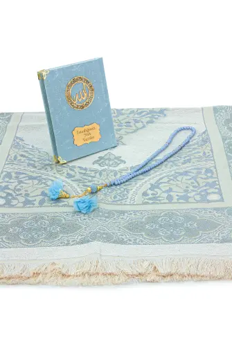 İsme Özel Kadife Yasin Kitabı, Tesbih ve Çantalı Seccade Seti - Mevlüt ve Umre Hediyesi - Mavi - 3