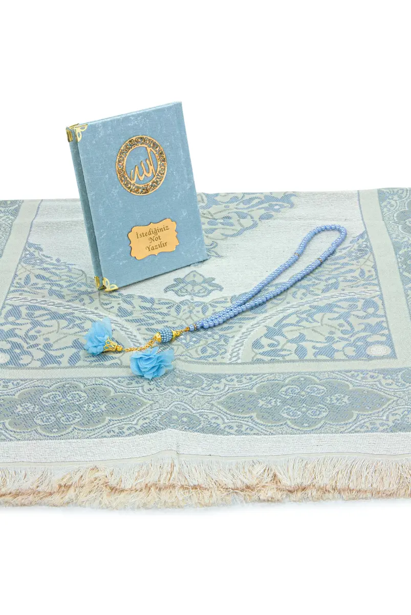 İsme Özel Kadife Yasin Kitabı, Tesbih ve Çantalı Seccade Seti - Mevlüt ve Umre Hediyesi - Mavi - 3