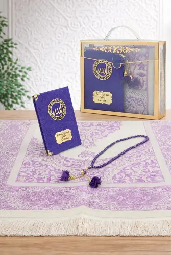 İsme Özel Kadife Yasin Kitabı, Tesbih ve Çantalı Seccade Seti - Mevlüt ve Umre Hediyesi - Mor - 1