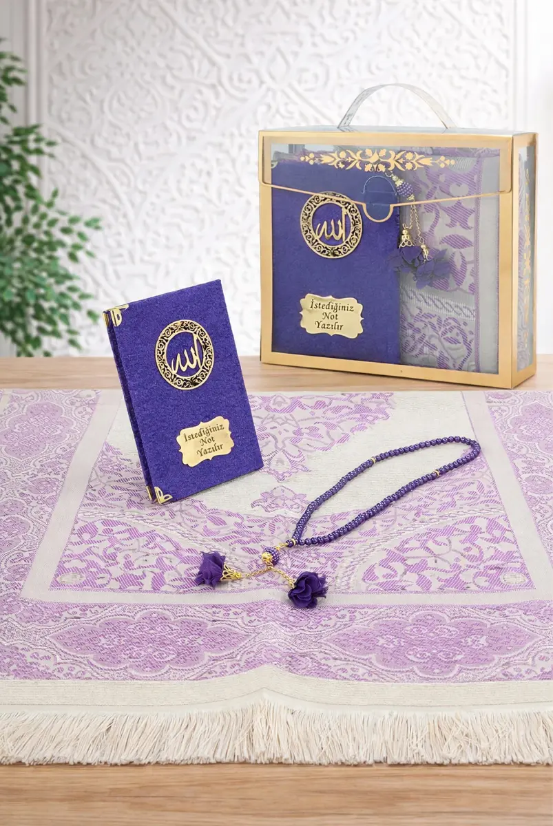 İsme Özel Kadife Yasin Kitabı, Tesbih ve Çantalı Seccade Seti - Mevlüt ve Umre Hediyesi - Mor - 1