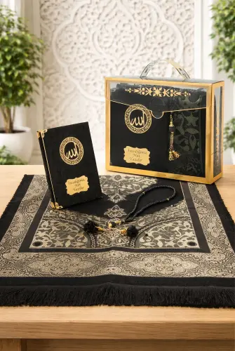 İsme Özel Kadife Yasin Kitabı, Tesbih ve Çantalı Seccade Seti - Mevlüt ve Umre Hediyesi - Siyah 