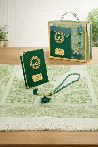 İsme Özel Kadife Yasin Kitabı, Tesbih ve Çantalı Seccade Seti - Mevlüt ve Umre Hediyesi - Yeşil 