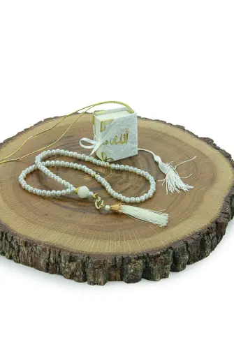 İsme Özel Kutulu İnci Tesbihli Kadife Kaplı Mini Kuran Mevlüt Hediyesi Beyaz - 4