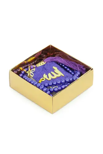 İsme Özel Kutulu İnci Tesbihli Kadife Kaplı Mini Kuran Mevlüt Hediyesi Mor - 3