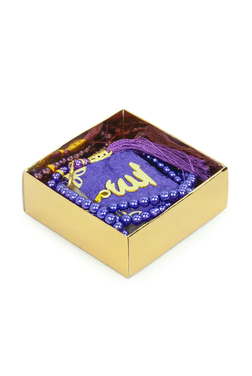 İsme Özel Kutulu İnci Tesbihli Kadife Kaplı Mini Kuran Mevlüt Hediyesi Mor - 3