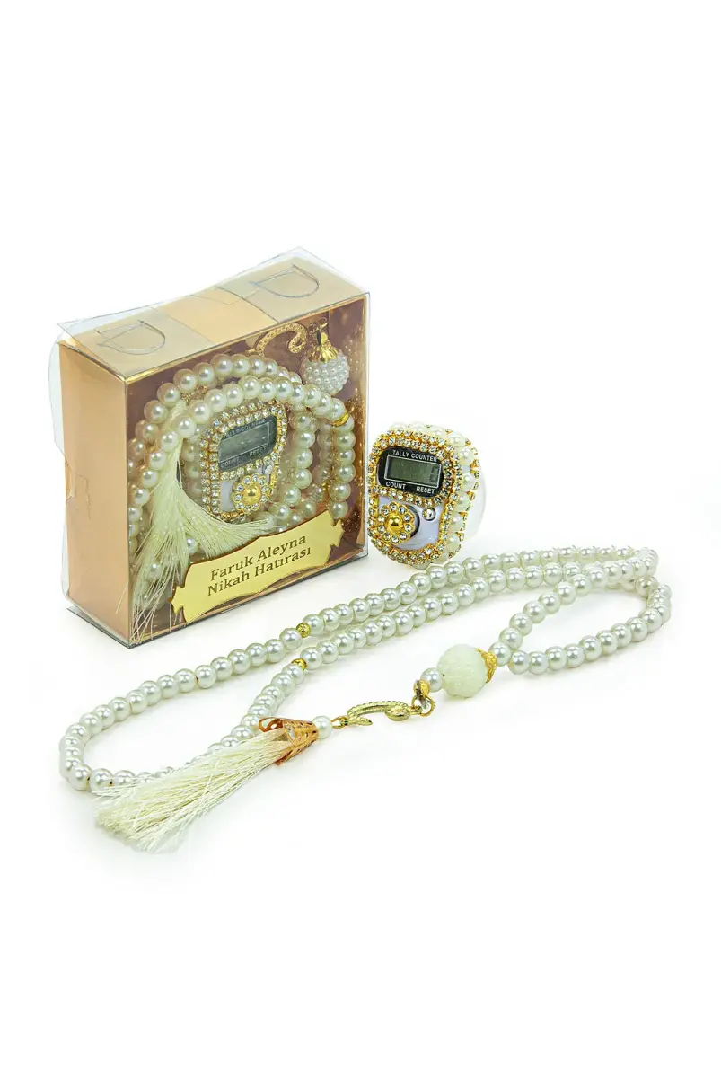 İsme Özel Kutulu İnci Tesbihli Taşlı Zikirmatik Mevlüt Hediyesi Beyaz - 1
