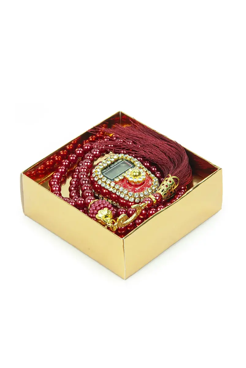 İsme Özel Kutulu İnci Tesbihli Taşlı Zikirmatik Mevlüt Hediyesi Kırmızı - 6