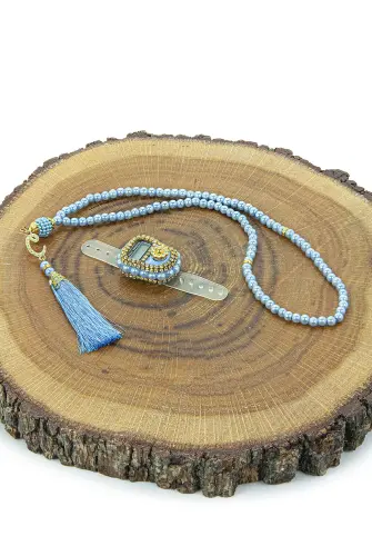 İsme Özel Kutulu İnci Tesbihli Taşlı Zikirmatik Mevlüt Hediyesi Mavi - 3