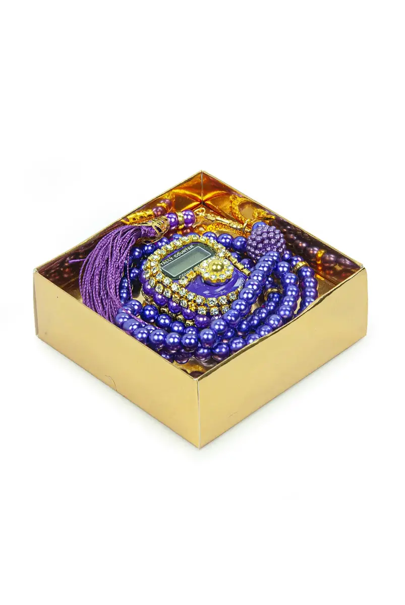 İsme Özel Kutulu İnci Tesbihli Taşlı Zikirmatik Mevlüt Hediyesi Mor - 6