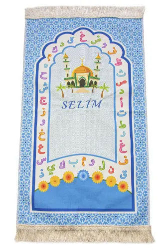 İsme Özel Nakış İşlemeli Camili ve Arapça Alfabeli Çocuk Seccadesi Mavi - 1