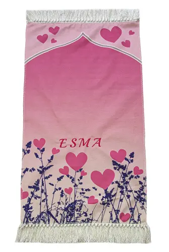 İsme Özel Nakış İşlemeli Kalpli Çocuk Seccadesi Pembe - 1