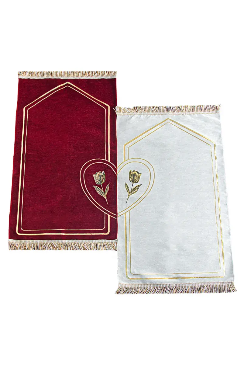 İsme Özel Nakışlı Çiftler İçin Kalpli Yumuşak Dokulu Şönil Seccade Seti Bordo Krem - 3