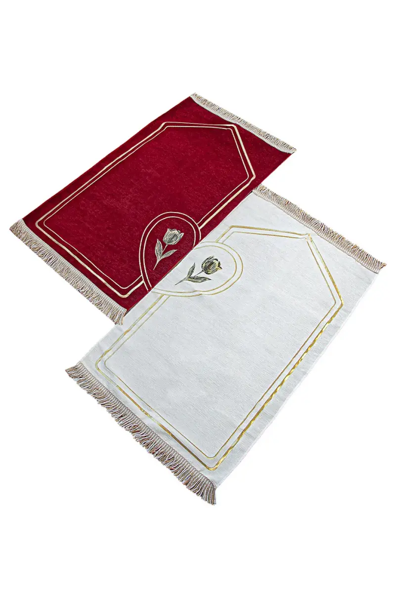 İsme Özel Nakışlı Çiftler İçin Kalpli Yumuşak Dokulu Şönil Seccade Seti Bordo Krem - 4