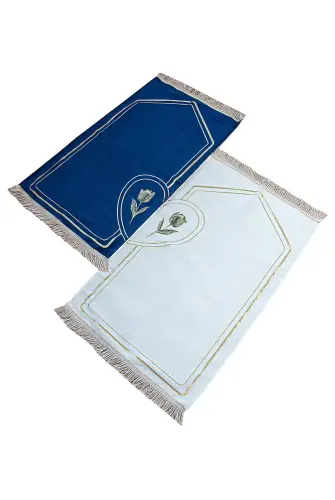 İsme Özel Nakışlı Çiftler İçin Kalpli Yumuşak Dokulu Şönil Seccade Seti Mavi Krem - 4