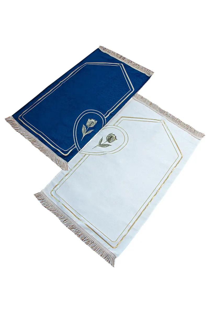 İsme Özel Nakışlı Çiftler İçin Kalpli Yumuşak Dokulu Şönil Seccade Seti Mavi Krem - 4