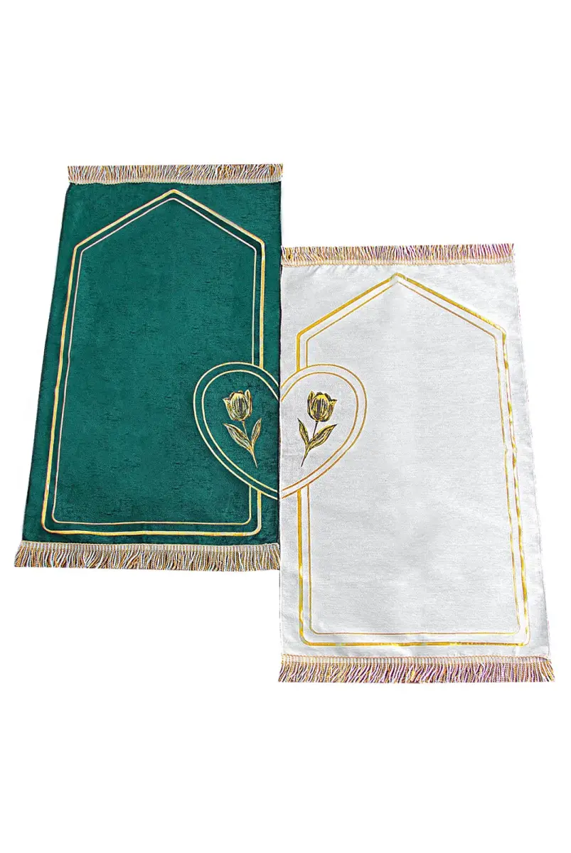 İsme Özel Nakışlı Çiftler İçin Kalpli Yumuşak Dokulu Şönil Seccade Seti Yeşil Krem - 3