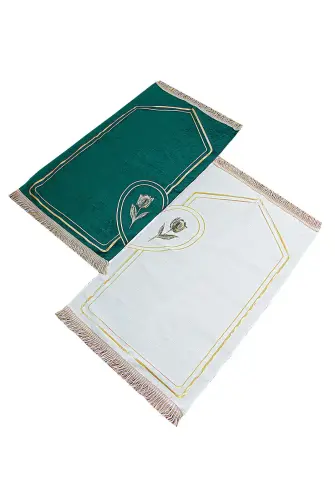 İsme Özel Nakışlı Çiftler İçin Kalpli Yumuşak Dokulu Şönil Seccade Seti Yeşil Krem - 4