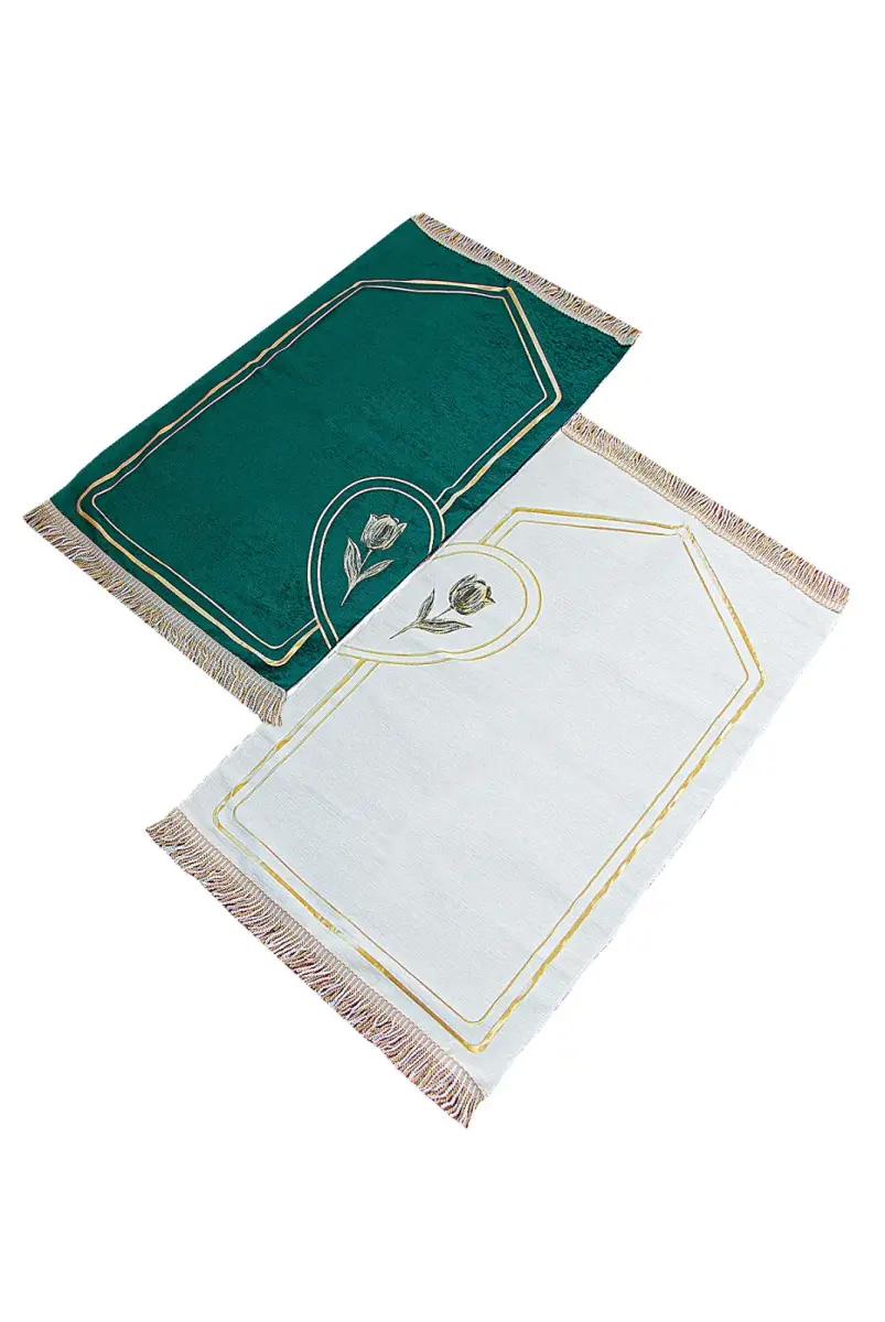 İsme Özel Nakışlı Çiftler İçin Kalpli Yumuşak Dokulu Şönil Seccade Seti Yeşil Krem - 4