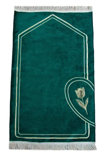 İsme Özel Nakışlı Çiftler İçin Kalpli Yumuşak Dokulu Şönil Seccade Seti Yeşil Krem - 5