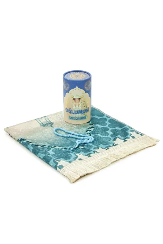 İsme Özel Nakışlı Çocuk Seccadesi Seti Silindir Kutulu Tesbihli Mavi - 4