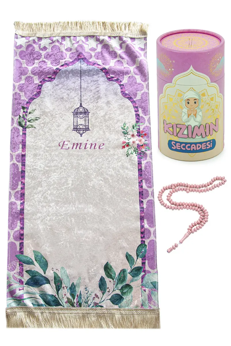 İsme Özel Nakışlı Çocuk Seccadesi Seti Silindir Kutulu Tesbihli Pembe - 2