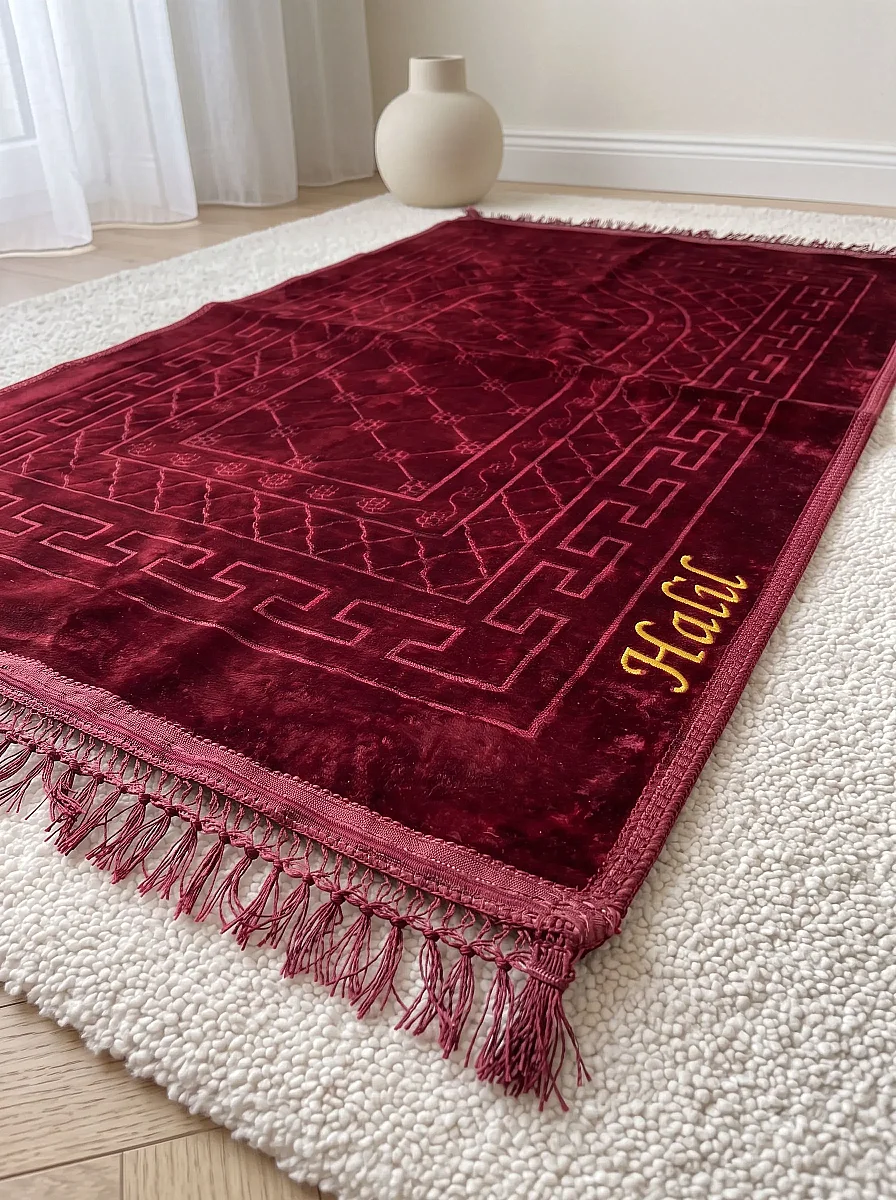 İsme Özel Nakışlı Hediyelik Yumuşak Kadife Dokulu Mihrap Desenli Peluş Seccade Bordo - 5