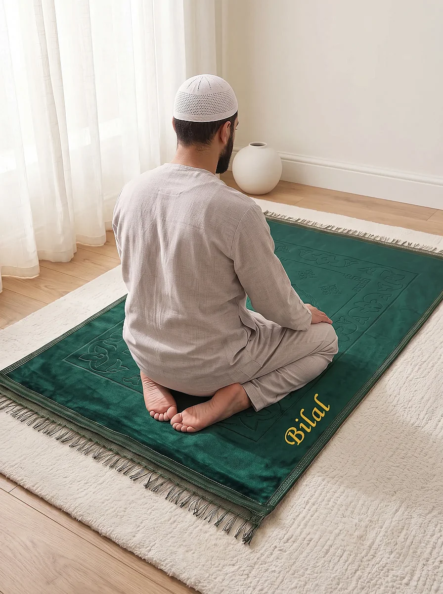 İsme Özel Nakışlı Hediyelik Yumuşak Kadife Dokulu Mihrap Desenli Peluş Seccade Yeşil - 2