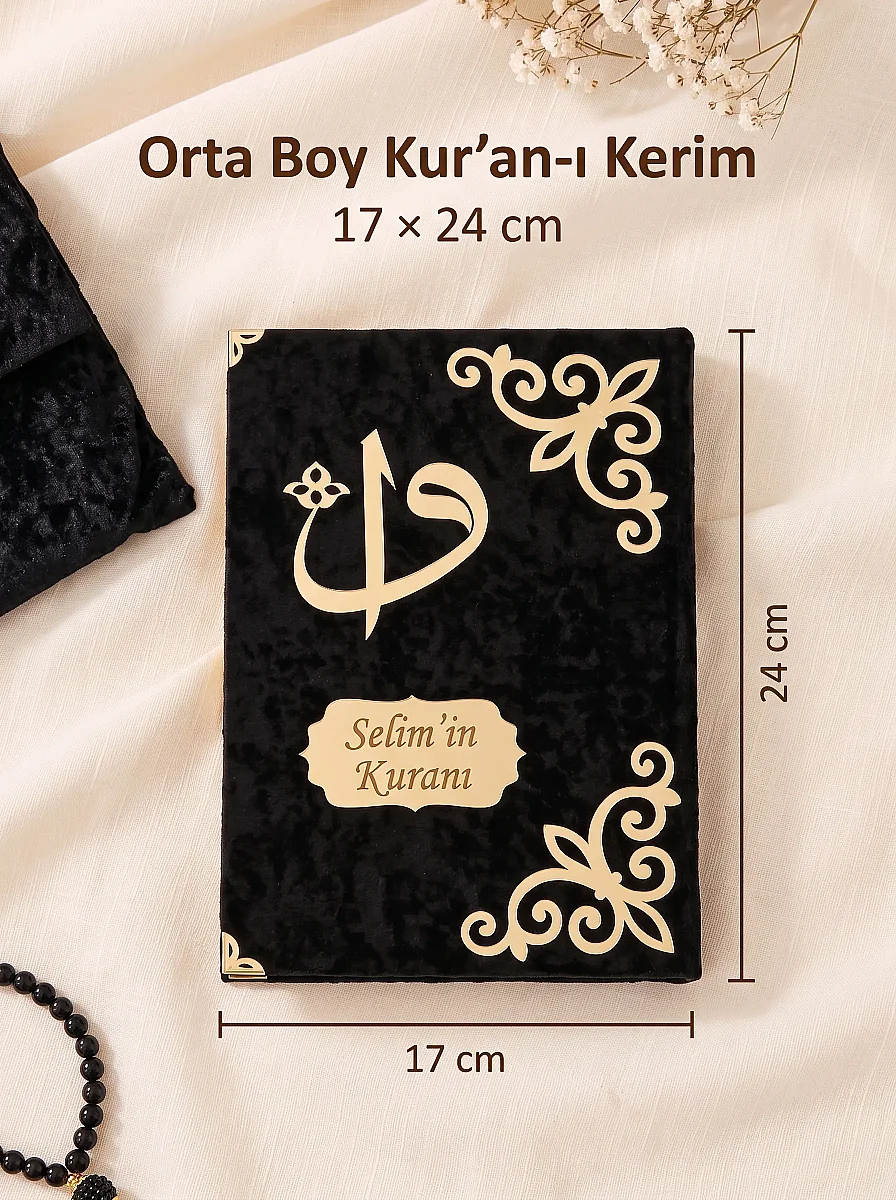 İsme Özel Nakışlı Kadife Keseli Çantalı ve Tesbihli Kuranı Kerim Seti – Siyah - 3