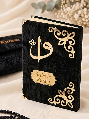 İsme Özel Nakışlı Kadife Keseli Çantalı ve Tesbihli Kuranı Kerim Seti – Siyah - 4