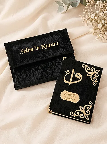 İsme Özel Nakışlı Kadife Keseli Çantalı ve Tesbihli Kuranı Kerim Seti – Siyah - 7