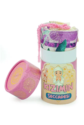 İsme Özel Nakışlı Kız Çocuk Seccadesi Seti Silindir Kutulu Tesbihli Pembe - 2