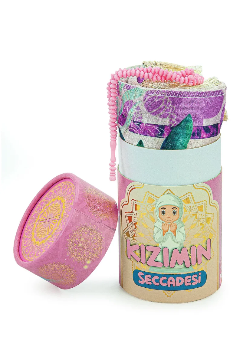 İsme Özel Nakışlı Kız Çocuk Seccadesi Seti Silindir Kutulu Tesbihli Pembe - 2
