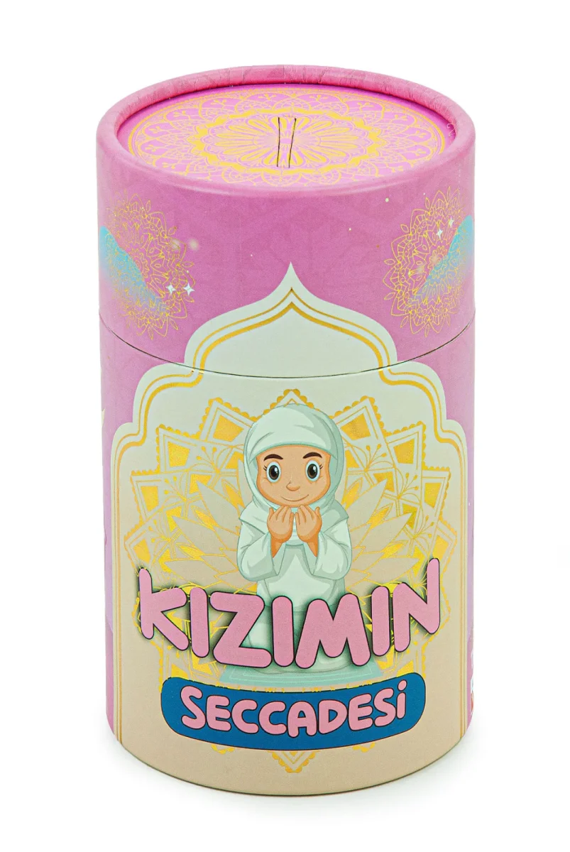 İsme Özel Nakışlı Kız Çocuk Seccadesi Seti Silindir Kutulu Tesbihli Pembe - 3