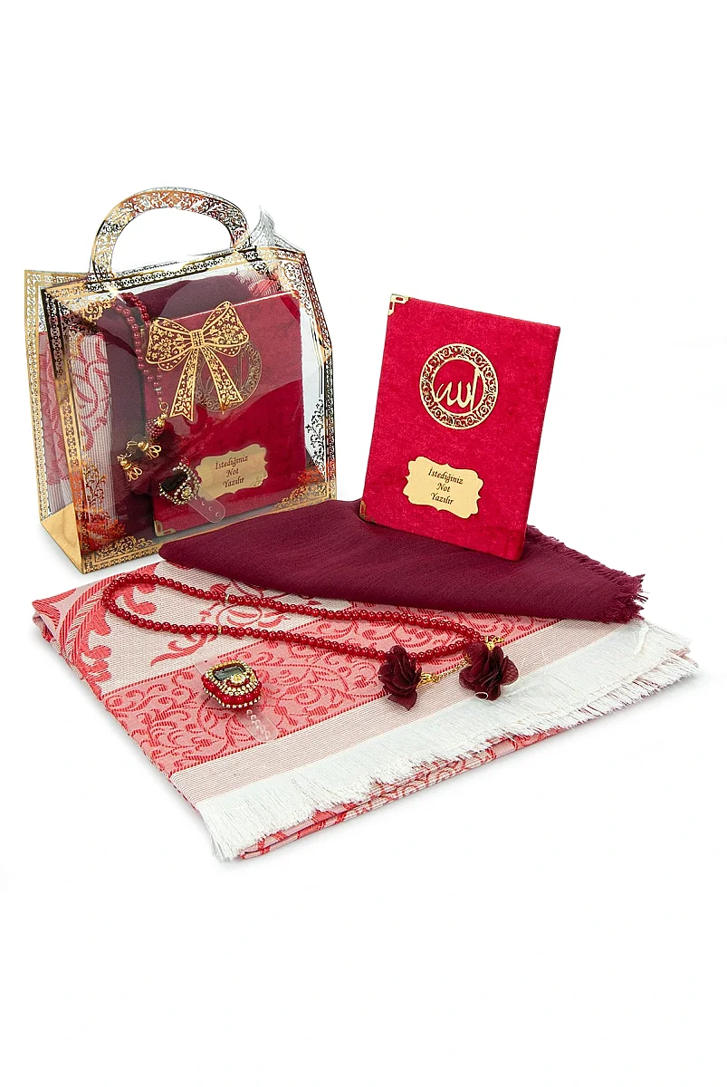İsme Özel Pleksili Çanta Boy Yasin Seti - Seccadeli Şallı Tesbihli Hediyelik Set - Kırmızı - 5