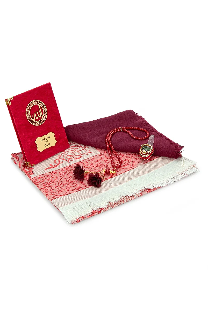İsme Özel Pleksili Çanta Boy Yasin Seti - Seccadeli Şallı Tesbihli Hediyelik Set - Kırmızı - 6