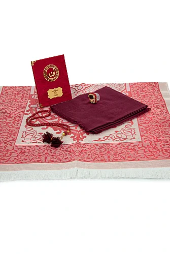 İsme Özel Pleksili Çanta Boy Yasin Seti - Seccadeli Şallı Tesbihli Hediyelik Set - Kırmızı - 7