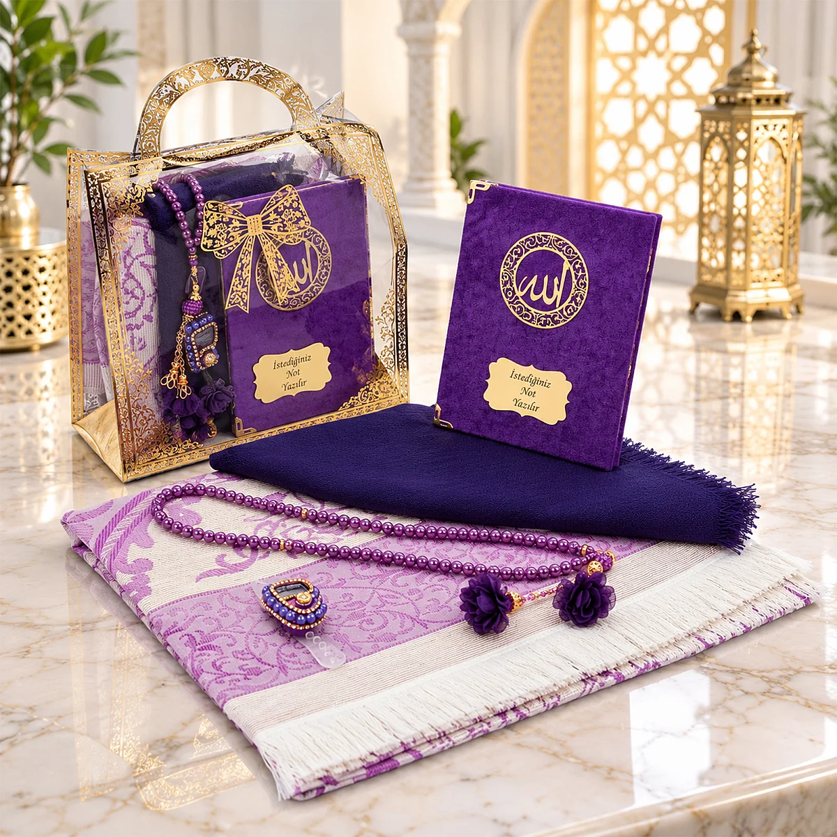 İsme Özel Pleksili Çanta Boy Yasin Seti - Seccadeli Şallı Tesbihli Hediyelik Set - Mor - 1