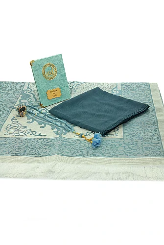İsme Özel Pleksili Çanta Boy Yasin Seti - Seccadeli Şallı Tesbihli Hediyelik Set - Turkuaz - 7