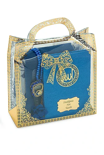 İsme Özel Pleksili Çanta Boy Yasin Seti - Seccadeli Şallı Tesbihli Hediyelik Set - Petrol Mavisi - 4