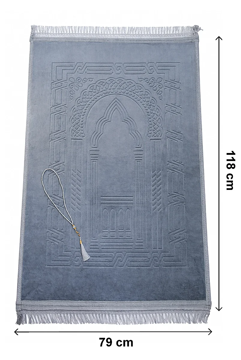 İsme Özel Yumuşak Kadife Dokulu Mihrap Desenli Peluş Seccade Gri - 7